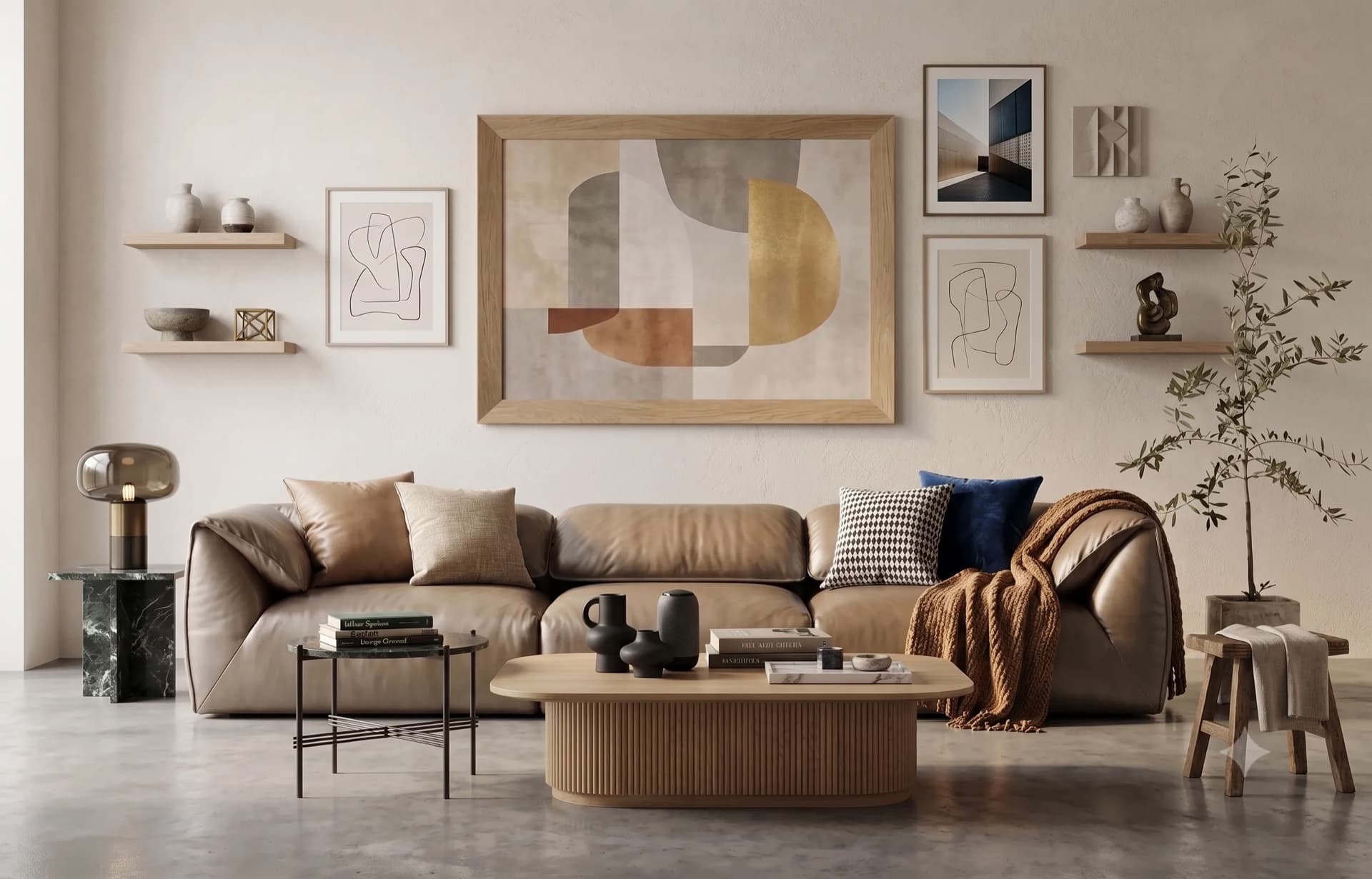 AI-rendered living room by Andre — beige sofa and gallery wall