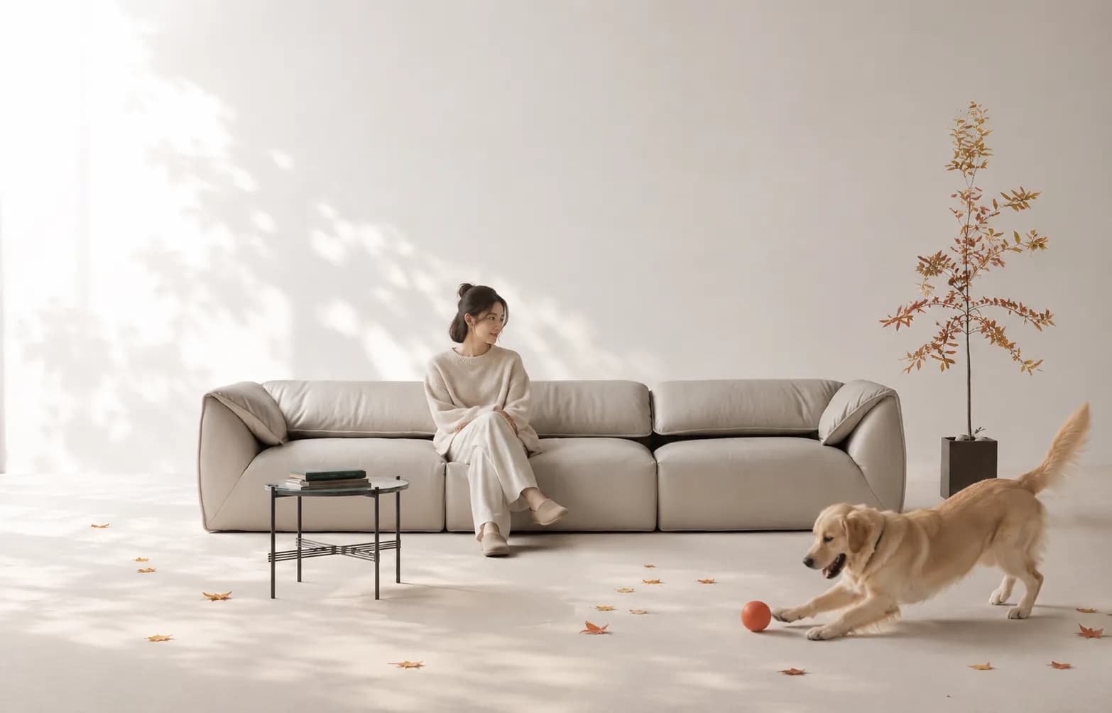 Interior render in a capsule frame — a woman seated on a beige sofa with a dog beside her