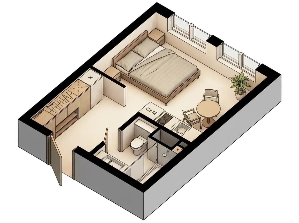 Isometric cutaway plan of the generated room
