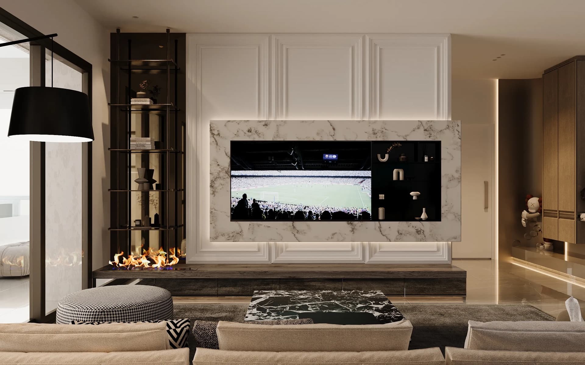 Mantana Motorway Rama 9 living room — marble media wall with fireplace