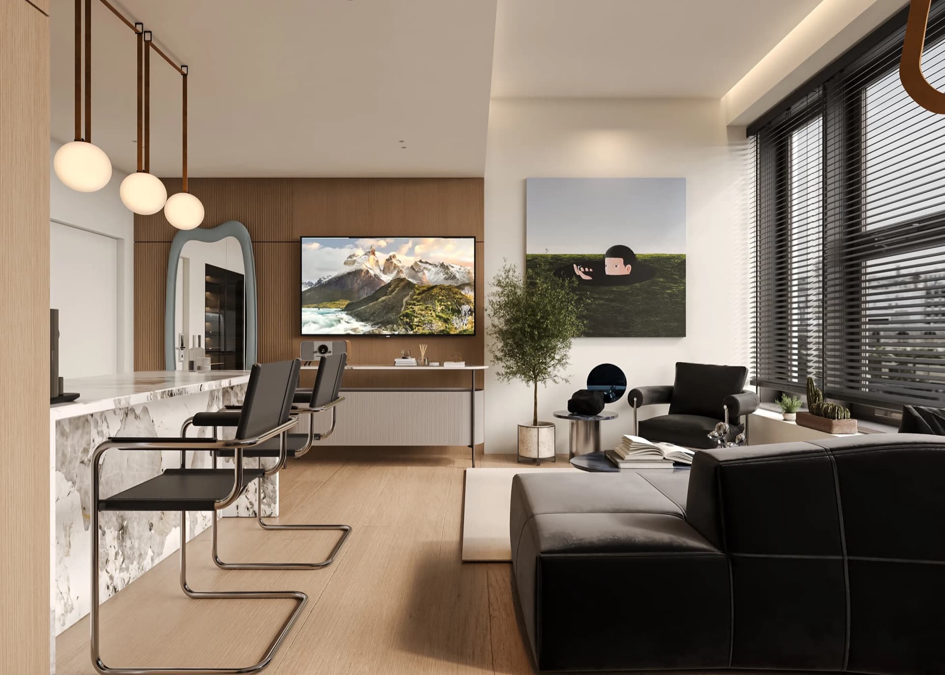 The Brooks — open-plan living room with black leather sofas