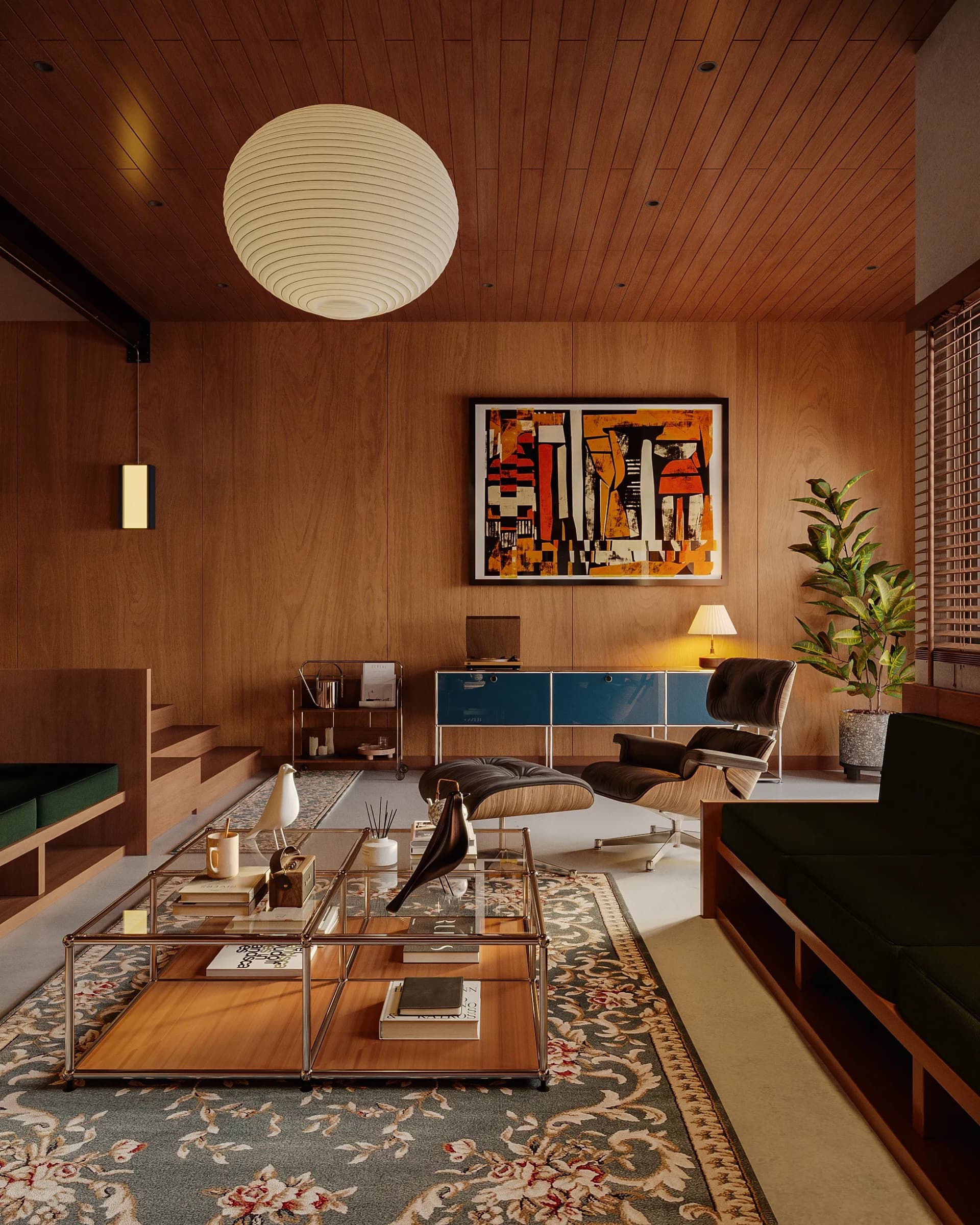 Warm mid-century living room with wood panelling and gallery art