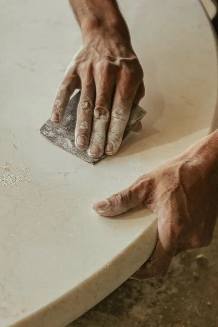Hands sanding a pale stone tabletop