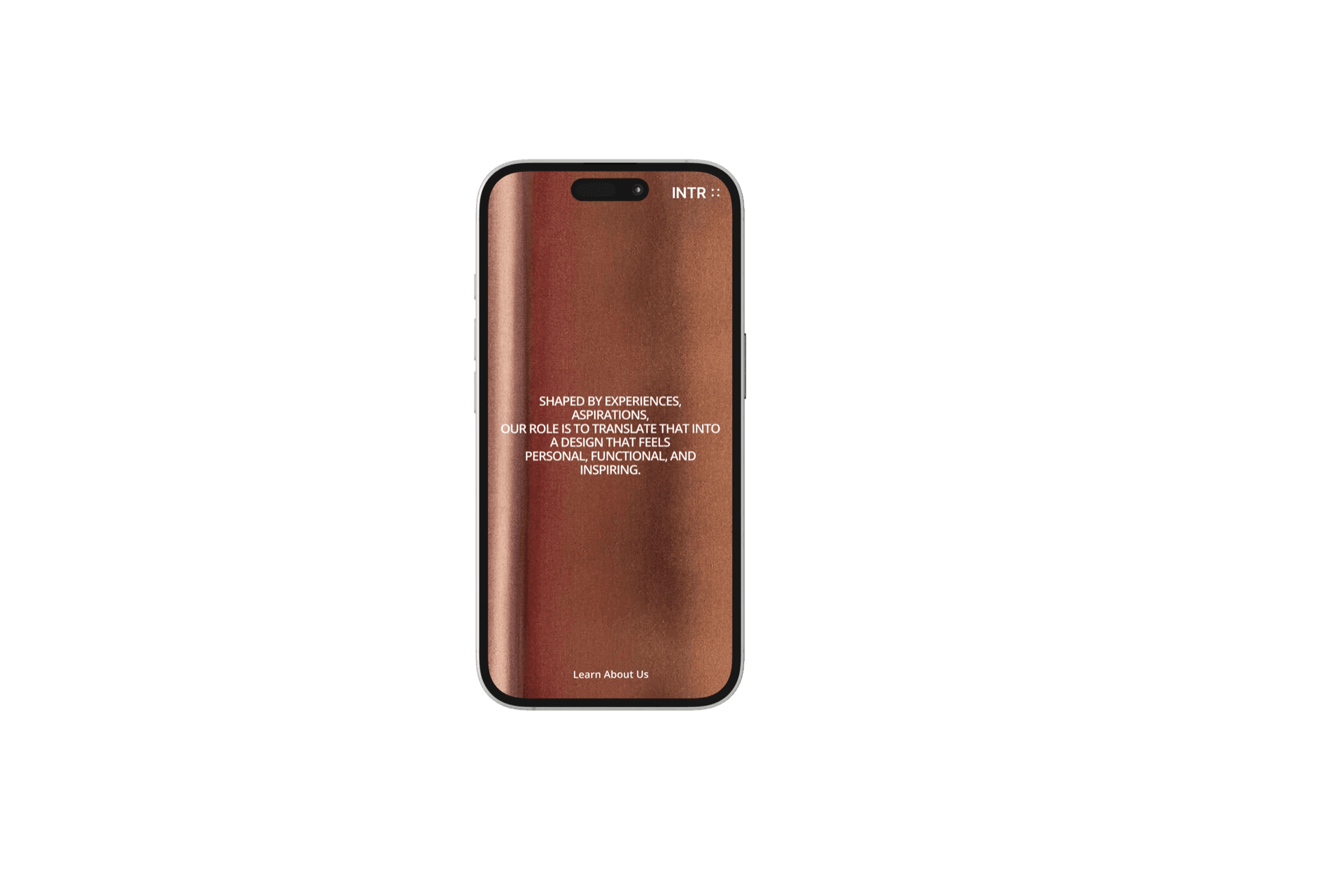 Phone mockup of the INTR site with a copper gradient hero