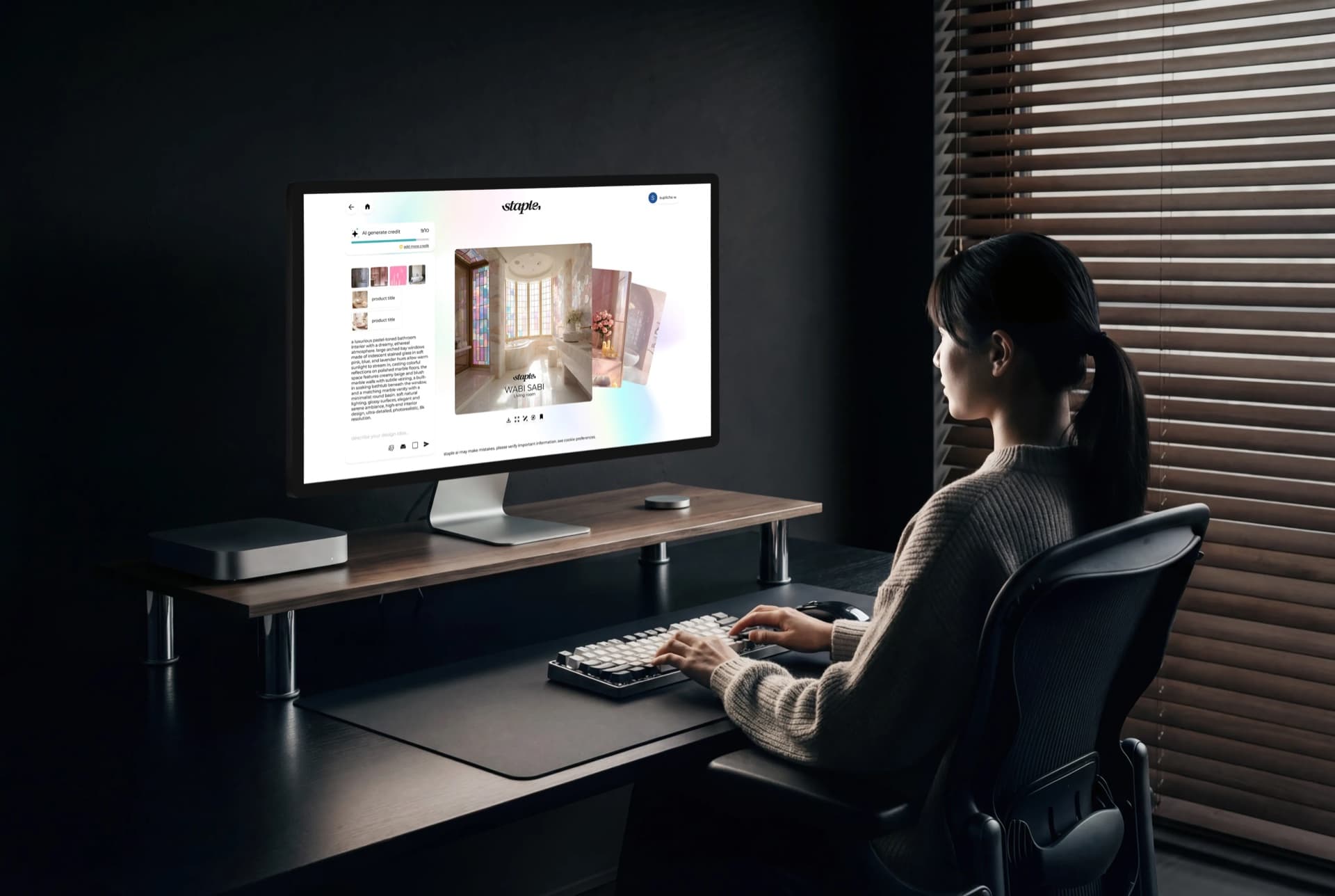 Designer at a desk using the Staple AI moodboard tool on a large display